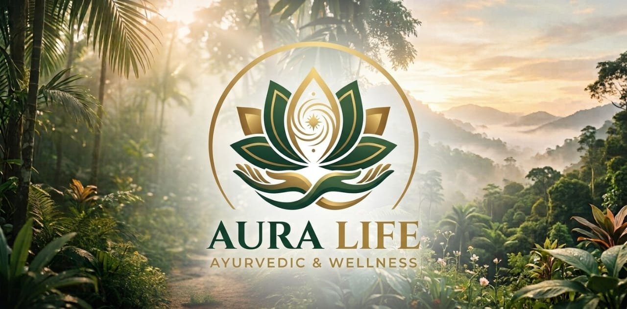 Aura Life Ayurvedic & Wellness logo over a Sri Lankan rainforest