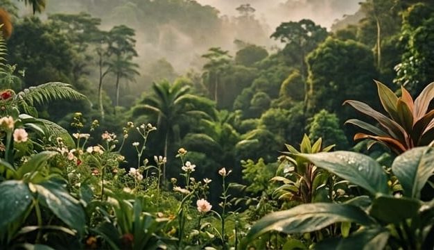 Tropical plants and wildflowers in a Sri Lankan garden